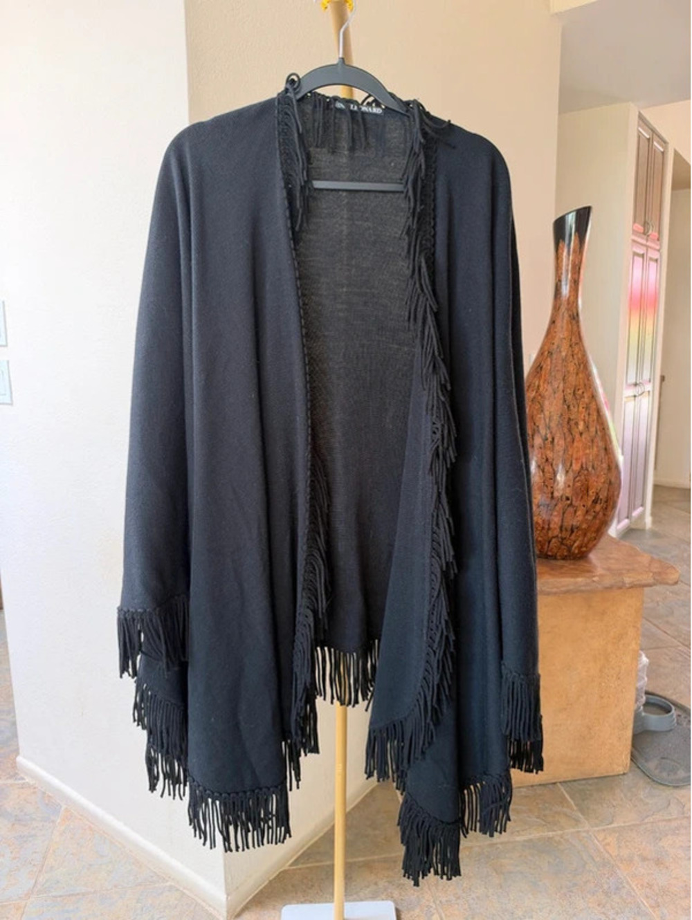 Nina Leonard Black Fringed Shawl Cardigan Wrap One Size